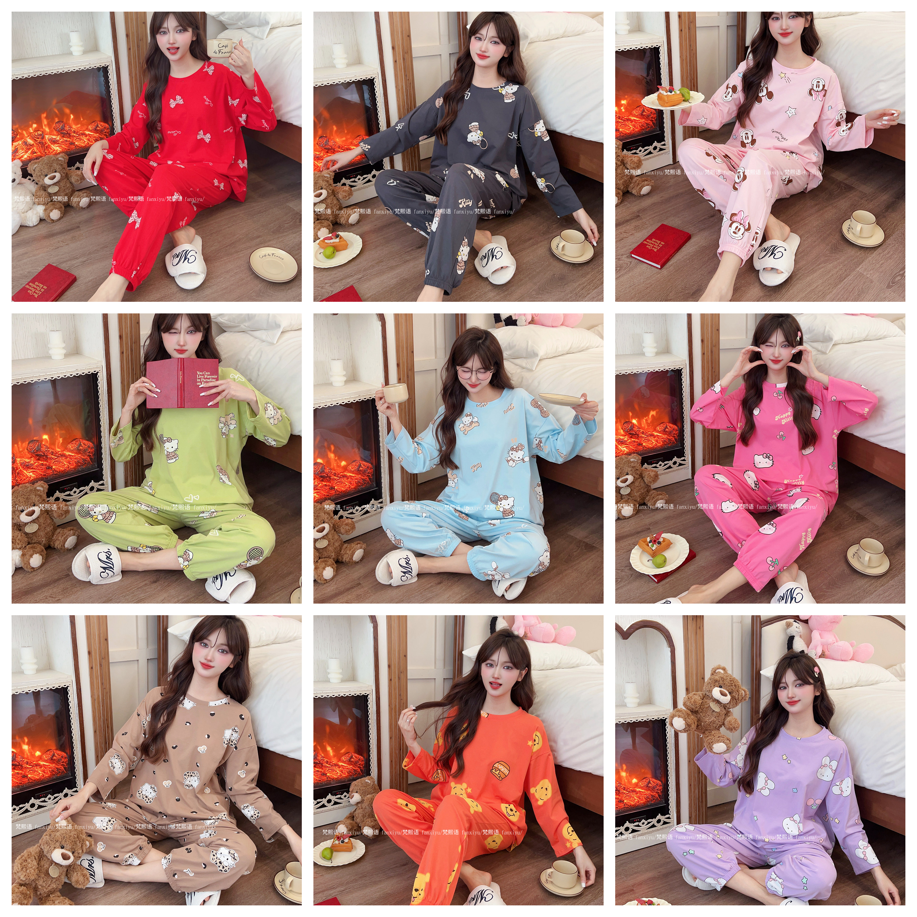 春秋季新款梵熙语睡衣长袖长裤宽松休闲女卡通针织纯棉家居服套装