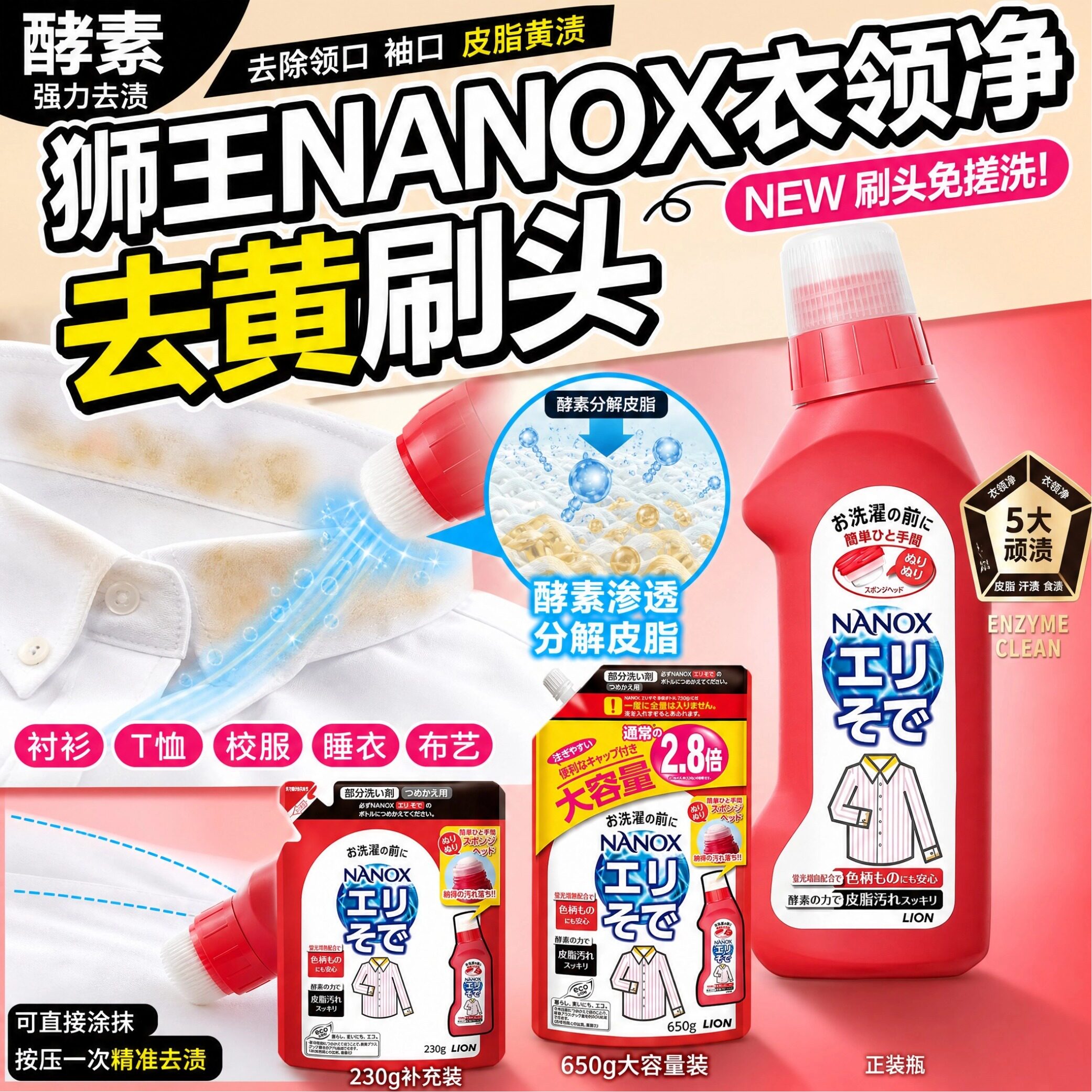 日本进口LION狮王衣领净洗衣液领口袖口重点清洁剂酵素去污250ml