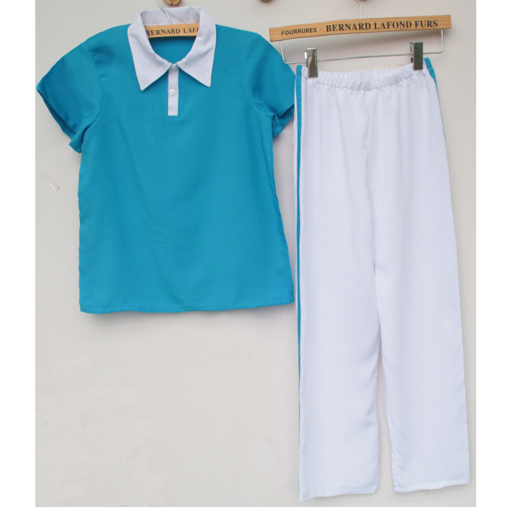 人造棉套头翻领家居服短袖长裤