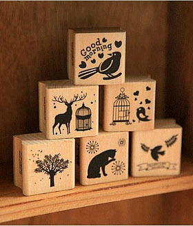 SAN  复古森系木头印章创意可爱DIY日记手账制作章小鸟树