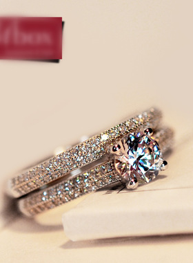 925纯银les百合对戒组合戒指镶嵌满钻锆石求婚戒指女眷恋简单对戒