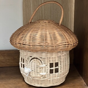 印尼藤手提包手工藤编蘑菇收纳箱儿童玩具篮编织收纳筐摄影道具