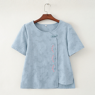 2025年新款妈妈夏装棉麻短袖刺绣宽松上衣小衫女国风T恤衬衫