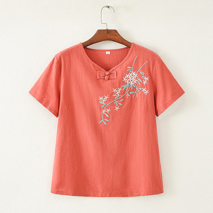 中年妈妈棉麻女装加大码绣花夏装文艺短袖T恤宽松复古小衫上衣