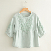 文艺复古刺绣花宽松短袖 t恤女上衣棉麻灯笼袖 夏季 2020夏装 新款