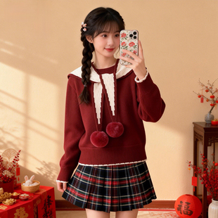 春节新年战袍本命年过年衣服小个子红色毛衣拜年连衣裙子冬季套装