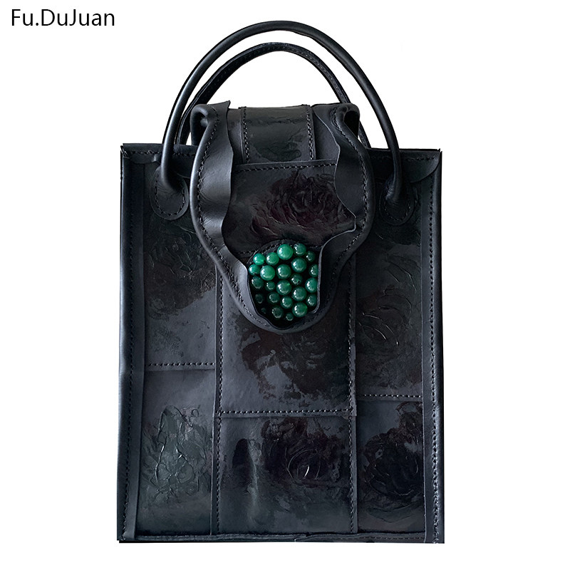 Fu.DuJuan 重工手绘黑牡丹 原创高端 手工奢华包 拼接双肩包 背包