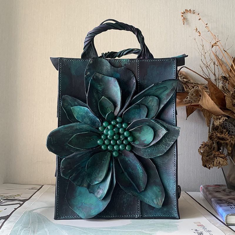 返璞归真的美 古典绿 原创小众 手工立体花瓣 手提包 双肩包 背包