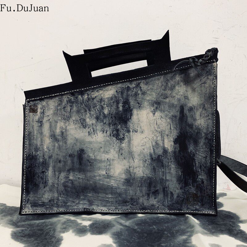 【徽州建筑】中国设计师 Fu.DuJuan 手提包 原创斜跨包 牛皮 黑灰