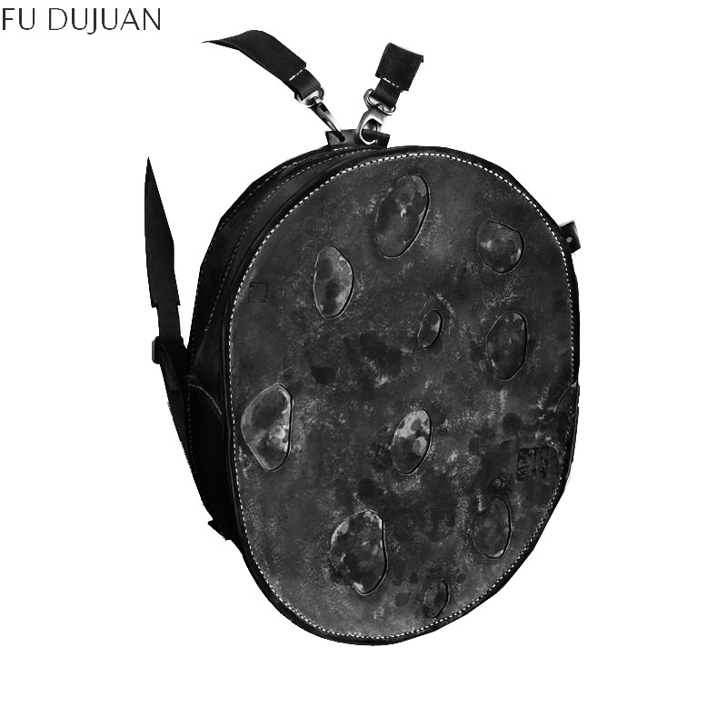 哥特墨灰男复古怀旧双肩包 设计师原创椭圆 双肩包手工头层牛皮包