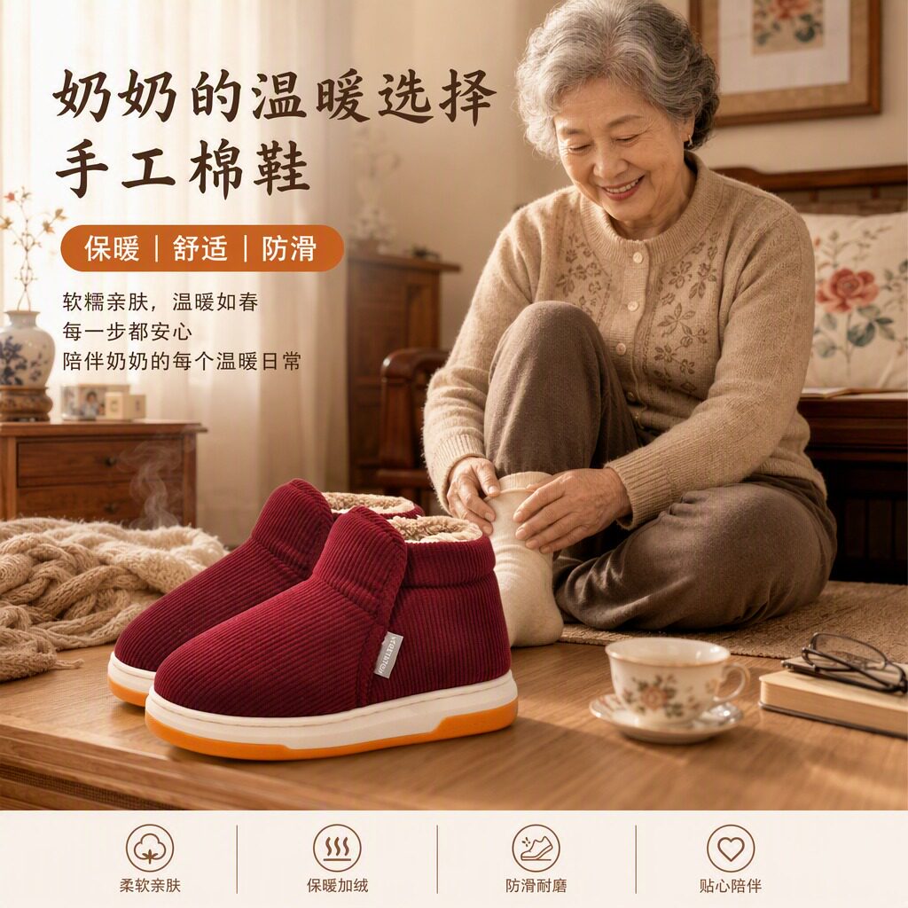 包跟棉拖鞋防滑老人女式牛筋底防摔家居室内老年人专用保暖棉鞋冬