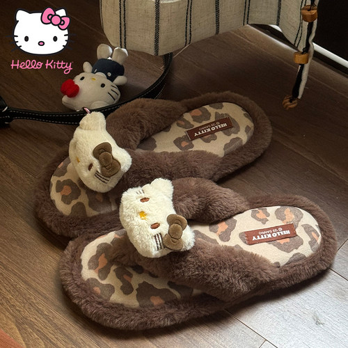 HelloKitty人字拖女冬天居家卡通毛拖鞋加绒保暖豹纹高级感棉拖鞋