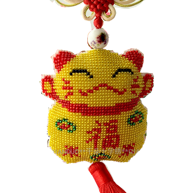 千朵印花十字绣满珠绣车挂车饰小挂件出入平安福可爱猫金珠版手工