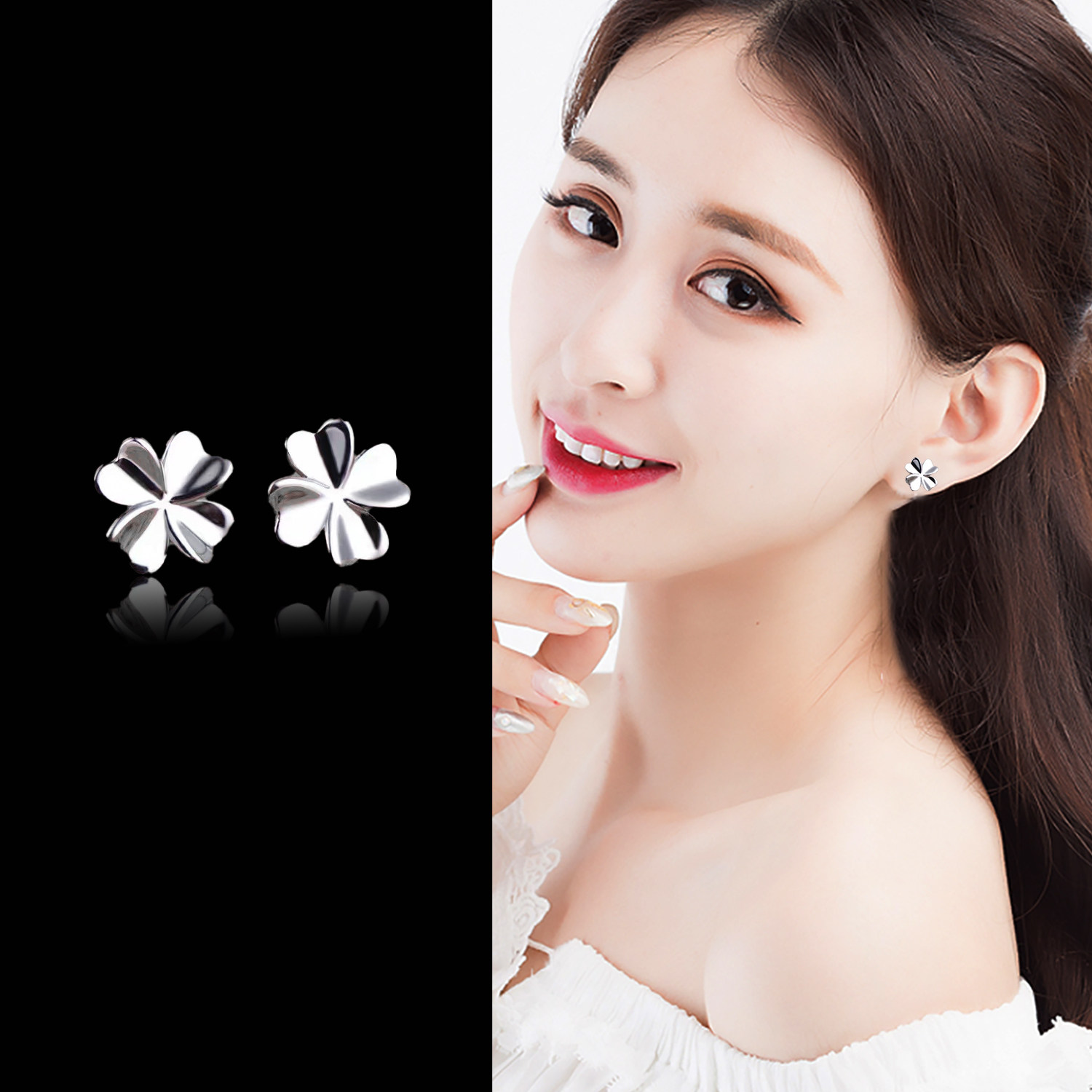 999足银耳钉纯银女气质玫瑰花爱心形蝴蝶精致弯钩耳钉四叶草耳饰