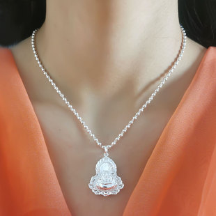 纯银项链女佛公999纯银正品百搭简约锁骨链足银圆珠银链子吊坠