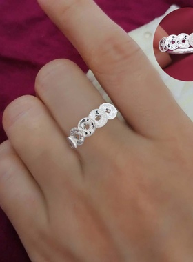 足银9999五帝钱纯银戒指女开口可调节碎碎冰爆闪钱币指环不过敏