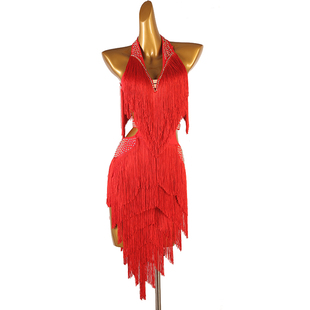 拉丁舞比赛服专业表演出流苏连衣裙恰恰桑巴国标舞裙子镶钻Q411