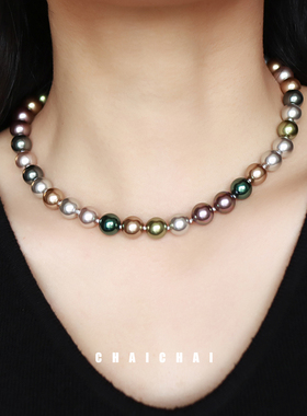 新款轻奢小众混彩珍珠项链大溪地