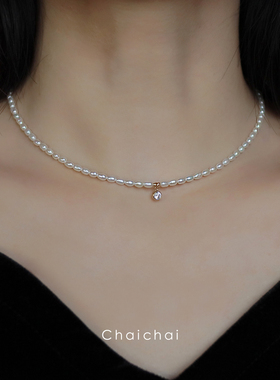3mm稀有天然小米粒珍珠项链女轻奢小众14k包金锁骨链颈链精致简约