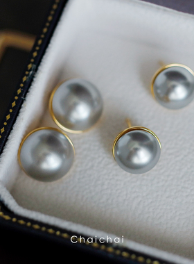 复古高级感半包边灰色仿马贝珍珠耳钉女S925银针港风耳环简约经典