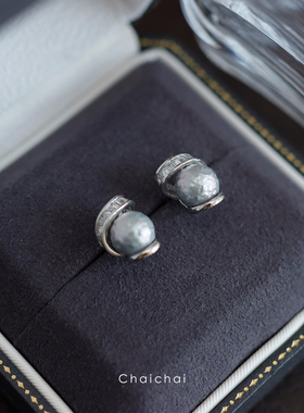 银灰色棉花珍珠耳钉女s925银针缠绕精致时尚锆石耳环2025新款爆款