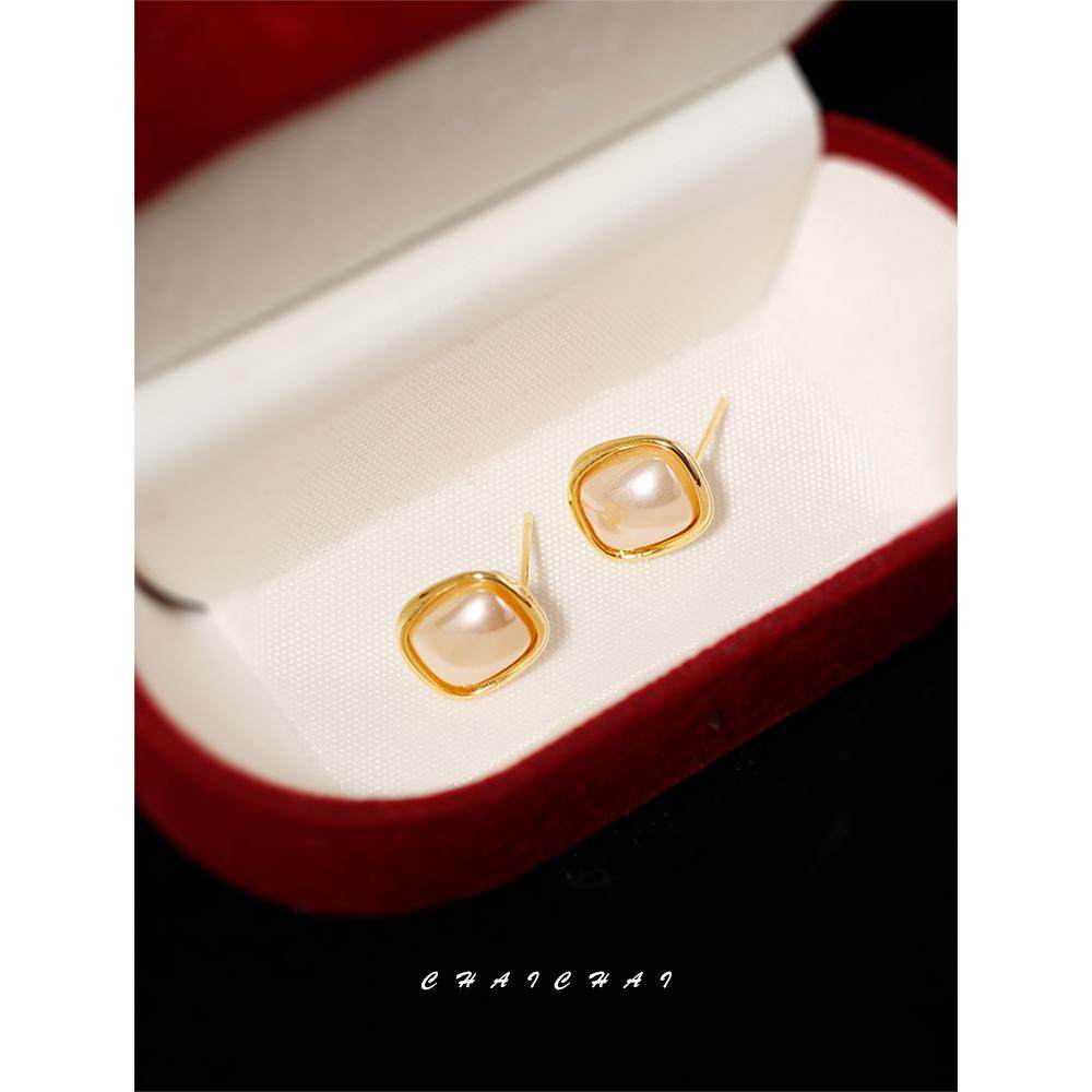 法式复古小方糖珍珠耳钉