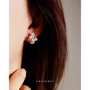 锆石珍珠花球耳钉女s925银适合夏天的耳环烟花轻奢高级感气质爆款