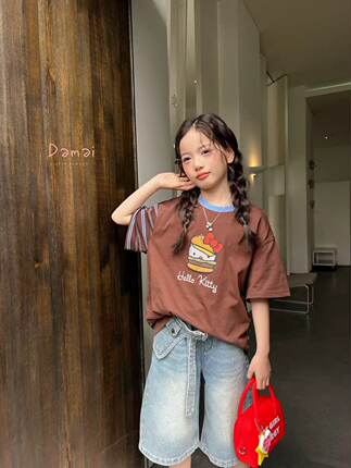 2026夏季新款儿童韩版女童中大童卡通汉堡印花短袖T恤短款上衣
