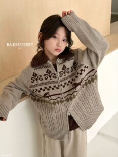 2026冬季新款儿童韩版羊羔毛领提花针织开衫外套中大童男女童上衣