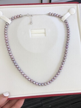 纯天然淡水紫色5-6Mm近正圆完美无暇的天然珍珠素链简单珍珠项链