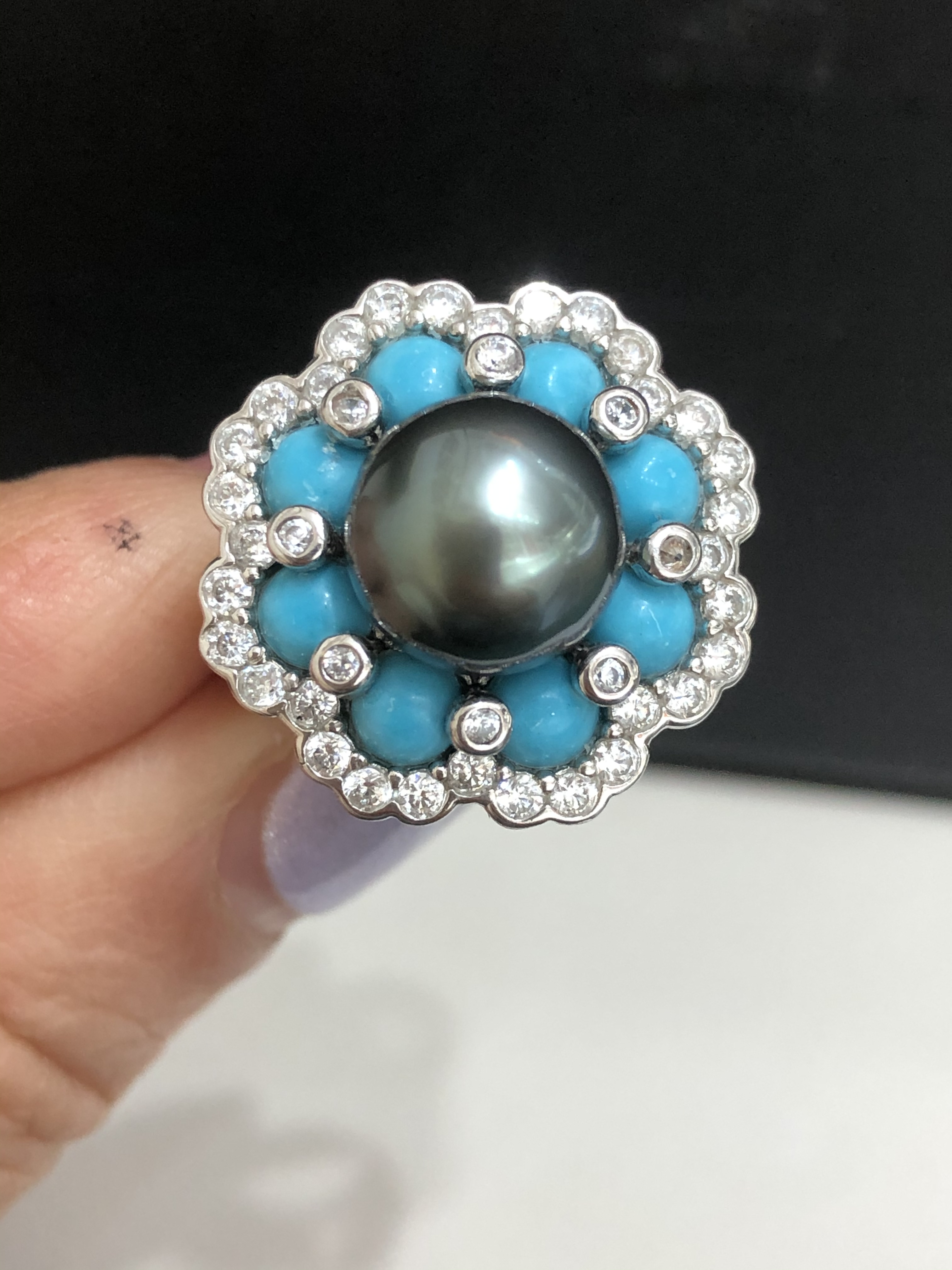 S925纯银镶嵌天然海水大溪地黑珍珠9.7Mm正圆无暇极光镜面戒指女