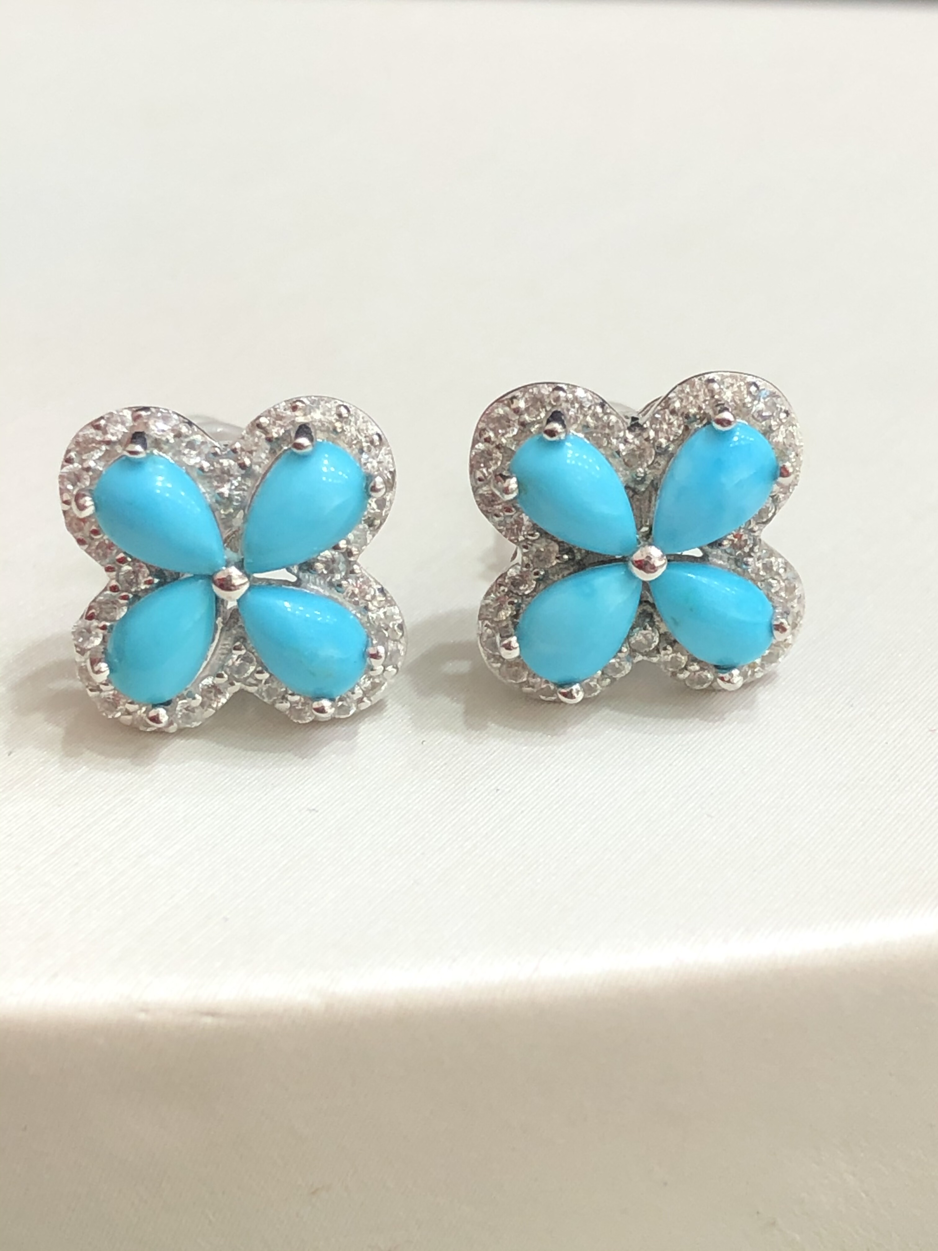 进口美国亚利桑那州天然美松时尚四叶草耳钉纯银镀18K白金耳饰女