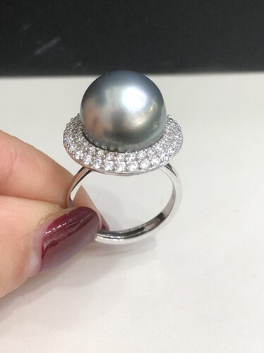 S925纯银镶嵌天然海水大溪地海水铂金灰戒指13-14Mm正圆微瑕戒指