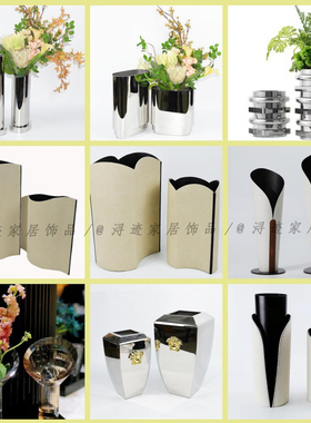 现代简约不锈钢金属花器轻奢玻璃花瓶装饰品客厅桌面玄关台面摆件