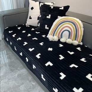 冬季毛绒沙发垫简约现代防滑坐垫子黑色加厚法兰绒套罩靠背巾定制