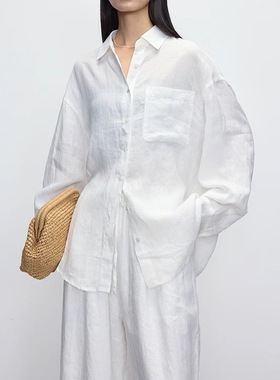 100%进口亚麻白色女士衬衫松弛高级感宽松长袖衬衣新款上衣