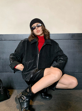 黑色立体蛇纹裥棉皮衣外套女秋冬时尚气质开衫