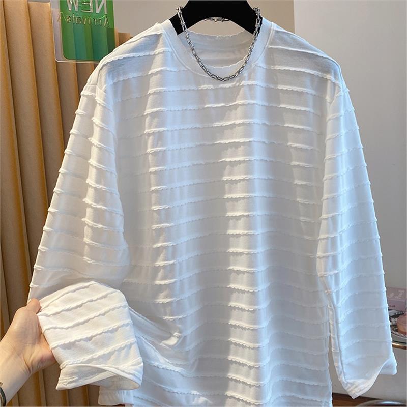 特大码300斤波浪条纹长袖上衣女春秋季新款显瘦遮肚子高级感T恤衫