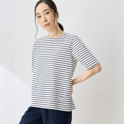 日系原单高品质纯棉条纹休闲风条纹短袖T恤女宽松经典海军风上衣