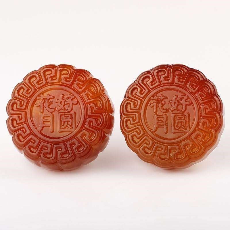 天然巴西红玛瑙月饼礼盒红玉髓月饼花好月圆玉石月饼套装中秋好礼