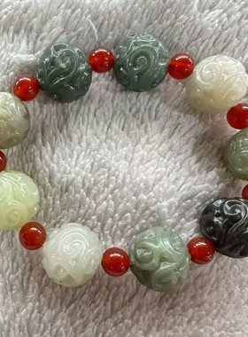 天然和田玉水草纹串珠手链 多宝仿古吉祥纹玉石圆珠子手串手饰