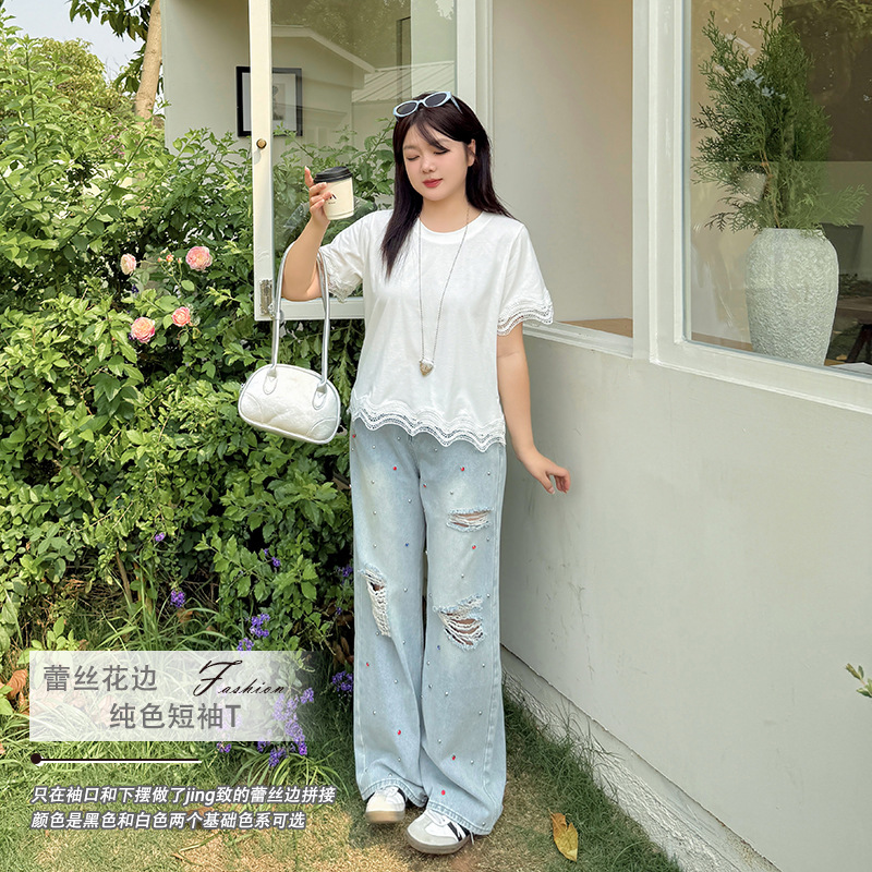 大码t恤女2025新款正肩胖mm宽松200斤蕾丝花边胖妹妹圆领短袖夏季
