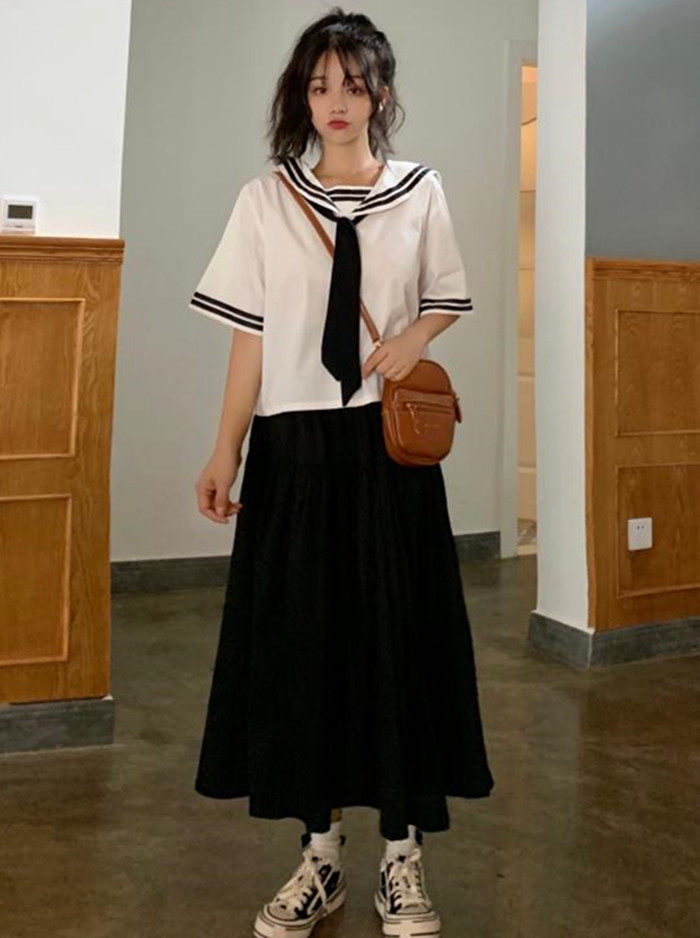 日系加大码胖mm300斤学院风套装短袖长裙水手服T恤大码女装AB-11