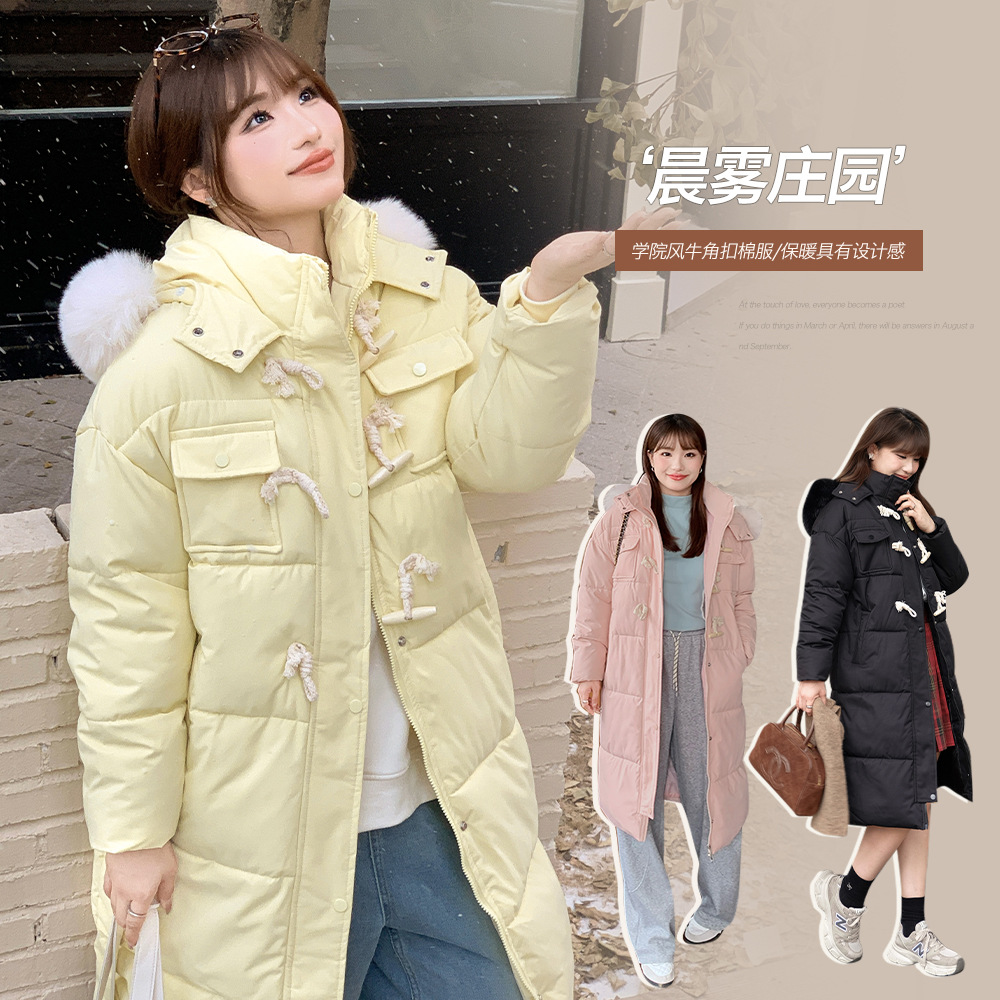 韩系学院风牛角扣连帽棉服冬季新款胖mm大码修身显瘦保暖棉外套