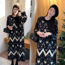 孕妇秋冬季外穿黑拼杏色设计感宽松加厚显瘦百搭中长款直筒连衣裙