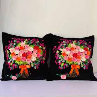 新品丝带绣DIY材料包成品抱枕:花束 结婚送礼立体绣非十字绣
