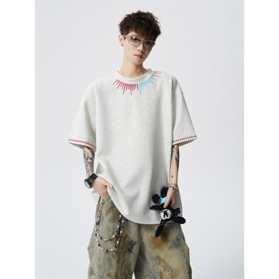 短袖男款休闲t恤夏季圆领渐变刺绣男装纯棉上衣男生宽松百搭衣服