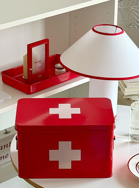 家用正红色铁艺药箱带分格隔层储物盒北欧风多功能医药分类收纳盒