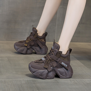 加绒百搭休闲鞋 女厚底内增高8cm冬季 水钻老爹鞋 高帮黑色老爹鞋