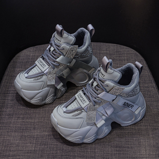 高帮黑色老爹鞋水钻老爹鞋女厚底内增高8cm冬季加绒百搭休闲鞋